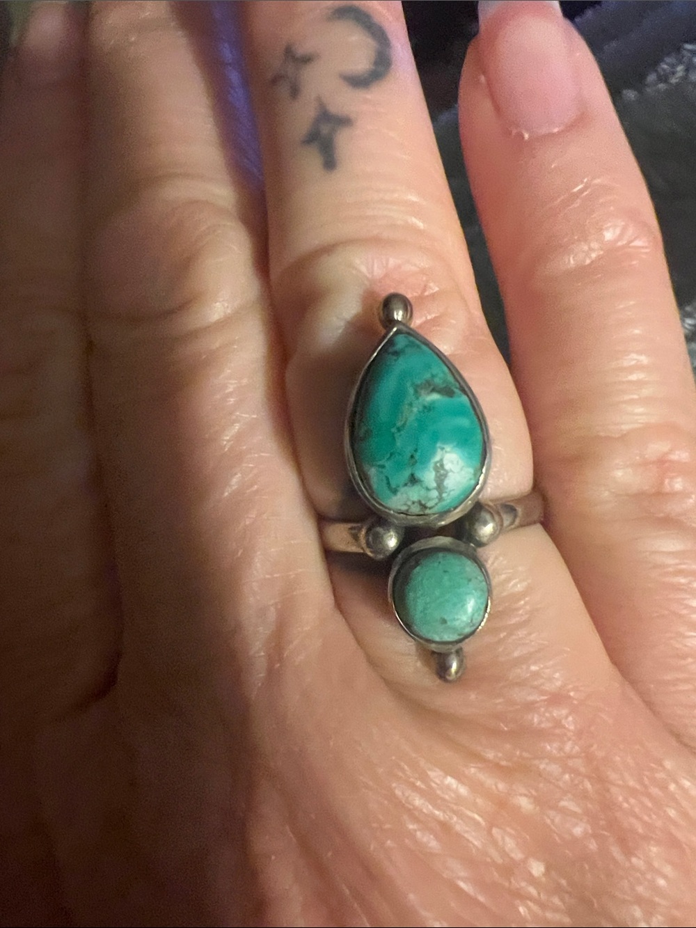 Sterling Teardrop & Round Turquoise Ring - Blue-Green Sz 8